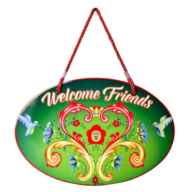 Door Signs: Welcome Friends Rosemaling Green