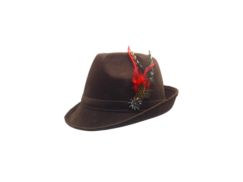 "German Hunter" Brown Hat Fedora And Edelweiss & Feather - OktoberfestHaus.com