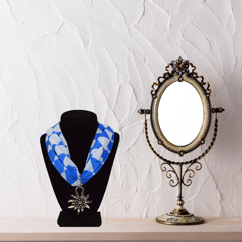 Blue and White Pattern Scarf with Edelweiss Pendant