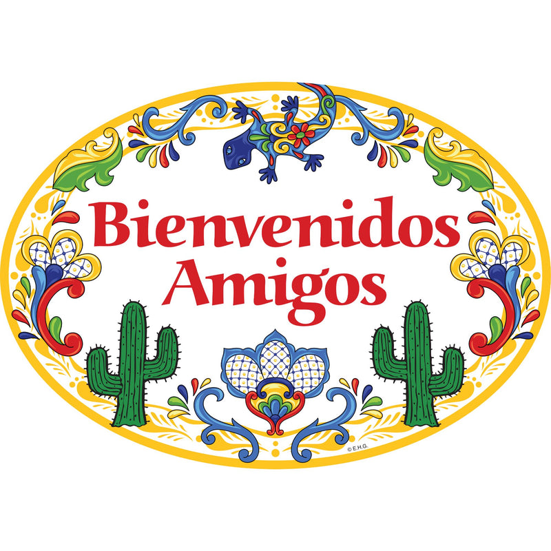 Ceramic Sign Home Decor "Bienvenidos Amigos" Yellow Cactus Latino Gift