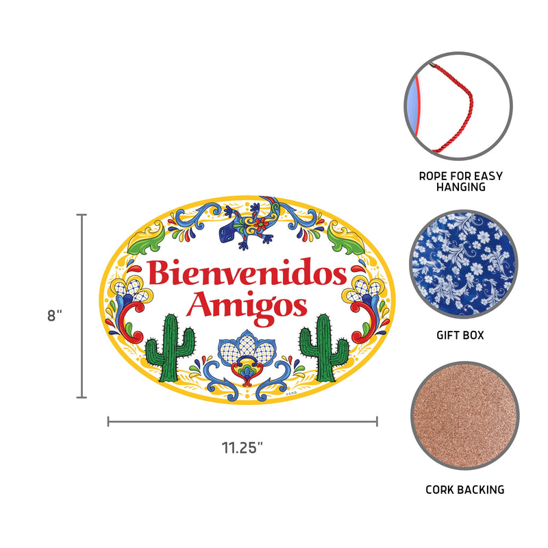 Ceramic Sign Home Decor "Bienvenidos Amigos" Yellow Cactus Latino Gift