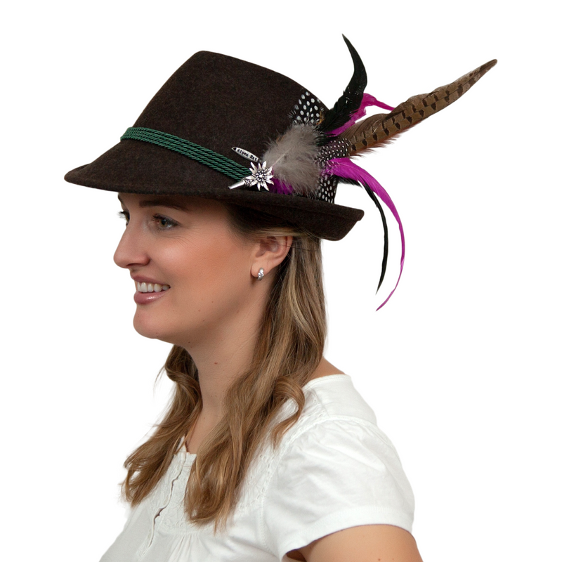 Deluxe German themed Hat Pin w/ Purple And Brown Feathers
