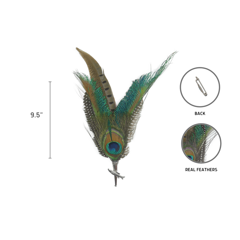 Pheasant & Peacock Hat Pin & Feathers with Fish Medallion