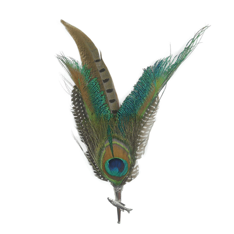 Pheasant & Peacock Hat Pin & Feathers with Fish Medallion