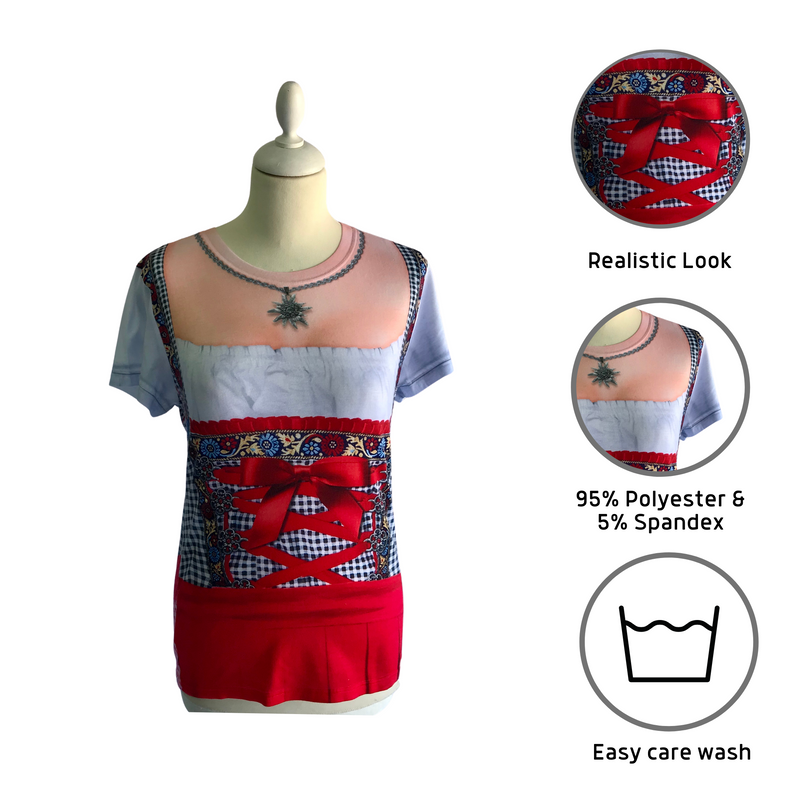 Euro Themed Costume Dirndl Realistic Faux Red Shirt