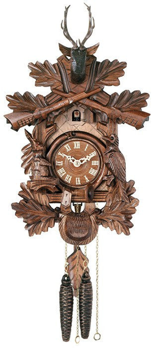One Day Hunter's Cuckoo Clock with Hand-carved Oak Leaves, Animals, Crossed Rifles, and Buck-16"Tall - OktoberfestHaus.com
 - 1