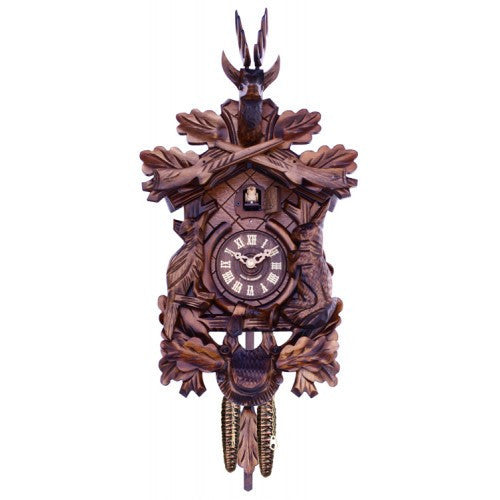 Hunter's Cuckoo Clock With Hand-Carved Oak Leaves, Bunny, Bird, And Crossed Rifles, And Buck - 16 Inches Tall - OktoberfestHaus.com
 - 1