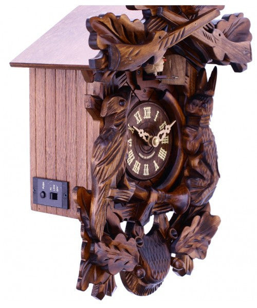 Hunter's Cuckoo Clock With Hand-Carved Oak Leaves, Bunny, Bird, And Crossed Rifles, And Buck - 16 Inches Tall - OktoberfestHaus.com
 - 2