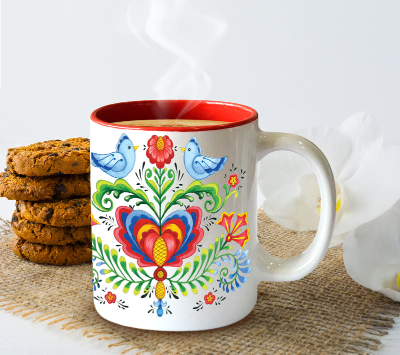 Artistic Lovebirds and Rosemaling Ceramic Coffee Cup