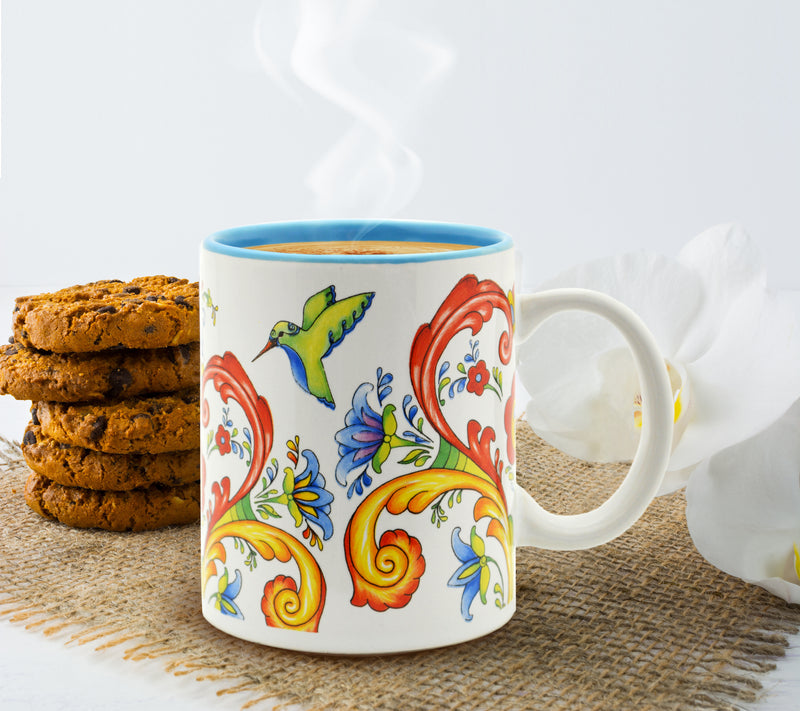 Rosemaling & Hummingbird Ceramic Coffee Mugs