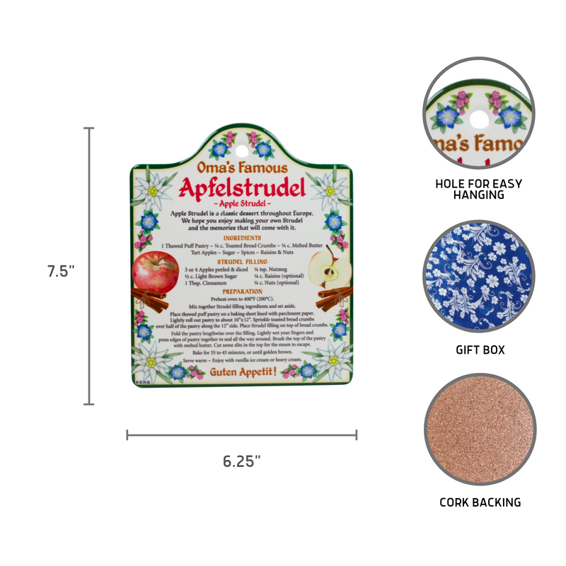 German Apfel Strudel Recipe on Ceramic Cheeseboard Trivet