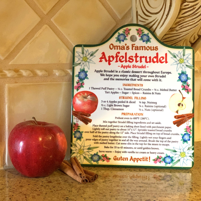 German Apfel Strudel Recipe on Ceramic Cheeseboard Trivet