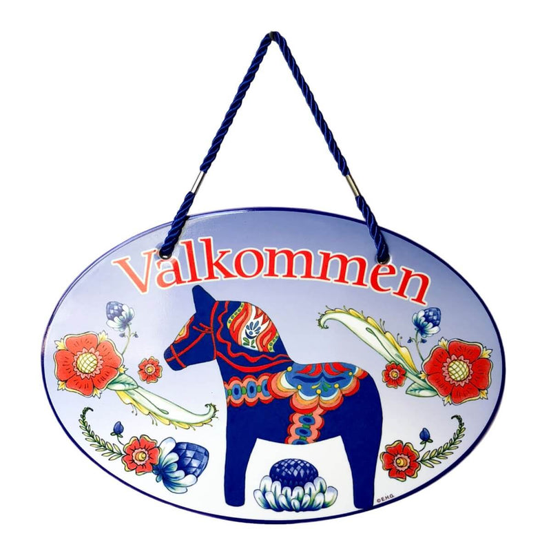Door Signs: Valkommen Blue Dala Horse Ceramic