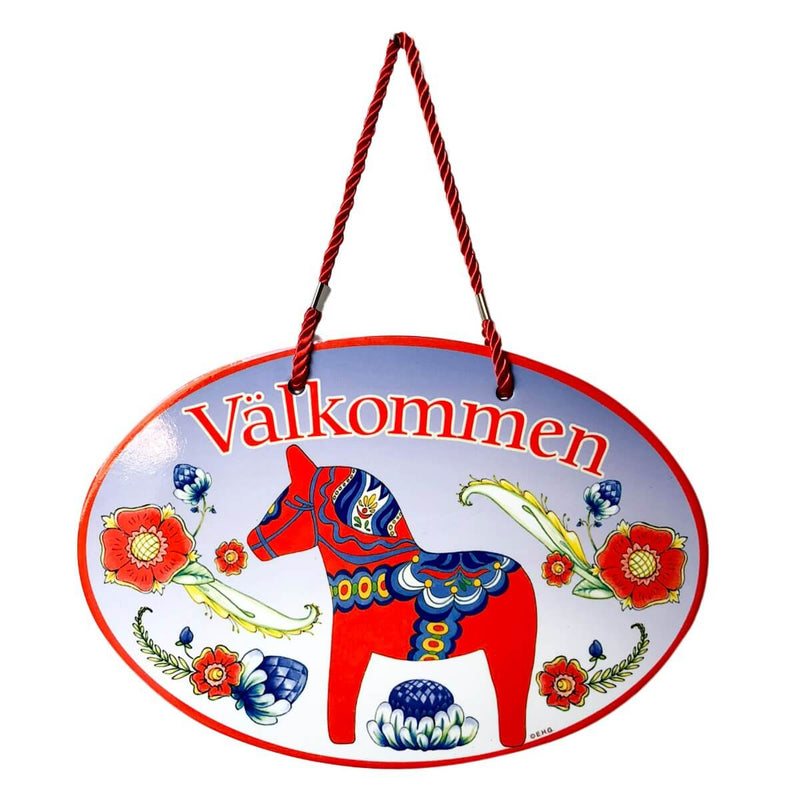 Door Signs: Valkommen Red Dala Horse Ceramic