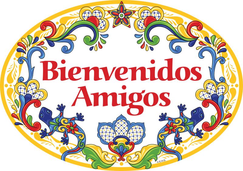 Ceramic Sign Home Decor "Bienvenidos Amigos" Yellow Geckos Latino Gift