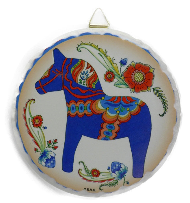 Round Ceramic Plaque: Blue Dala Horse - OktoberfestHaus.com
 - 1