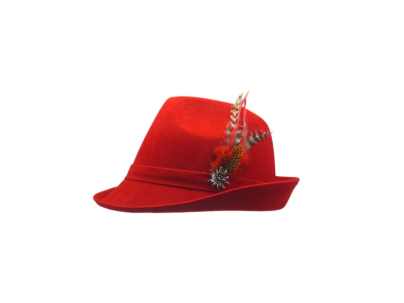 "German Hunter" Red Hat Fedora And Edelweiss & Feather - OktoberfestHaus.com