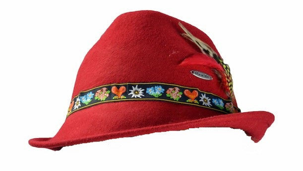 Tyrolean Alps Red 100% Wool Hat with Embroidered Band - OktoberfestHaus.com