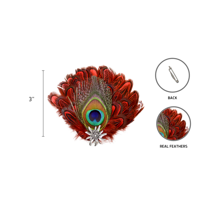Deluxe Hat Pin with Peacock & Red Fedora Feathers