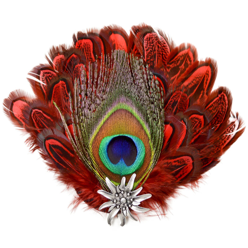 Deluxe Hat Pin with Peacock & Red Fedora Feathers
