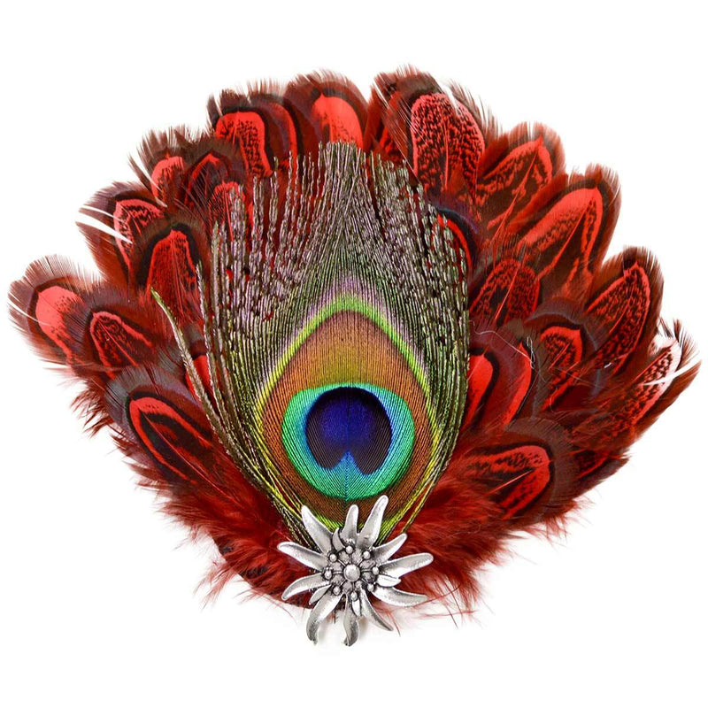 German Hat Pin Deluxe Peacock & Red Hat Feathers -1