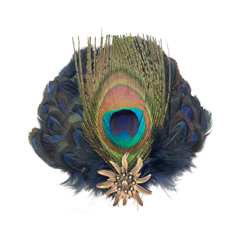 Deluxe Peacock & Blue Hat Feathers Metal Hat Pin
