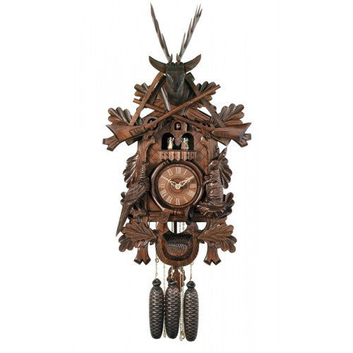 8-Day Musical Hunter's Cuckoo Clock With Dancers - Hand-Carved Live Animals, Leaves, And Buck - OktoberfestHaus.com
