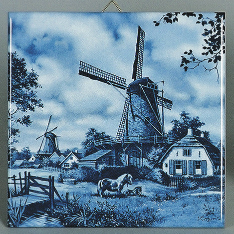 Dutch Wall Plaque Delft Blue Tile Mill/Pony - OktoberfestHaus.com

