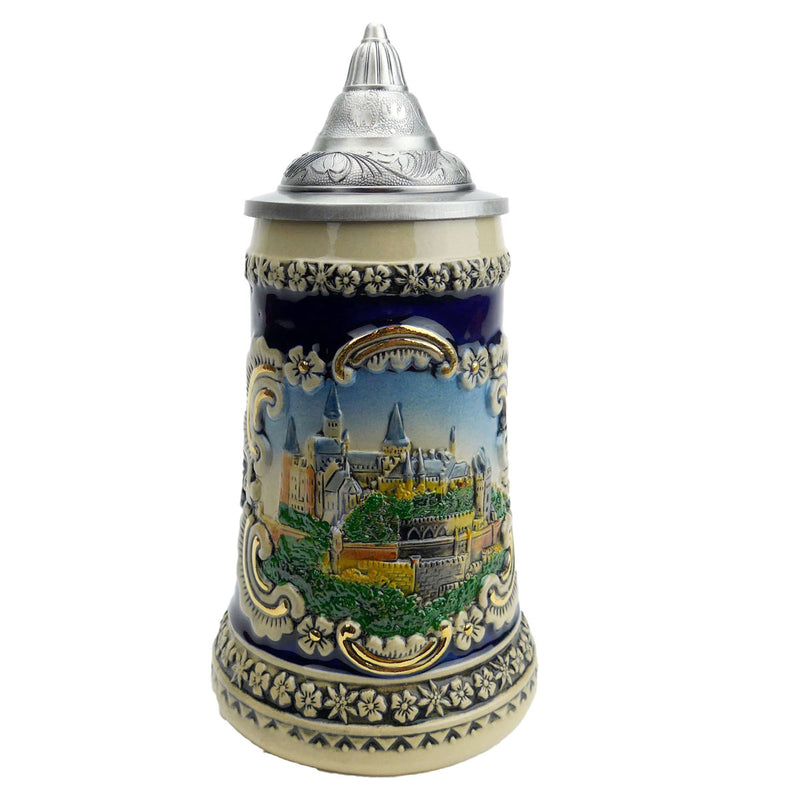 German Castle Engraved Ceramic Beer Stein w/Lid