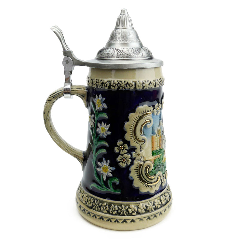 German Castle Engraved Ceramic Beer Stein w/Lid