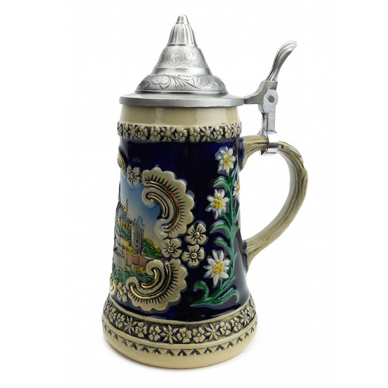 German Castle Engraved Ceramic Beer Stein w/Lid