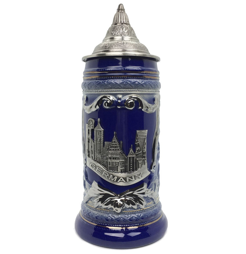 German Village Medallion .75L Engraved Stein Beer Cup with Lid