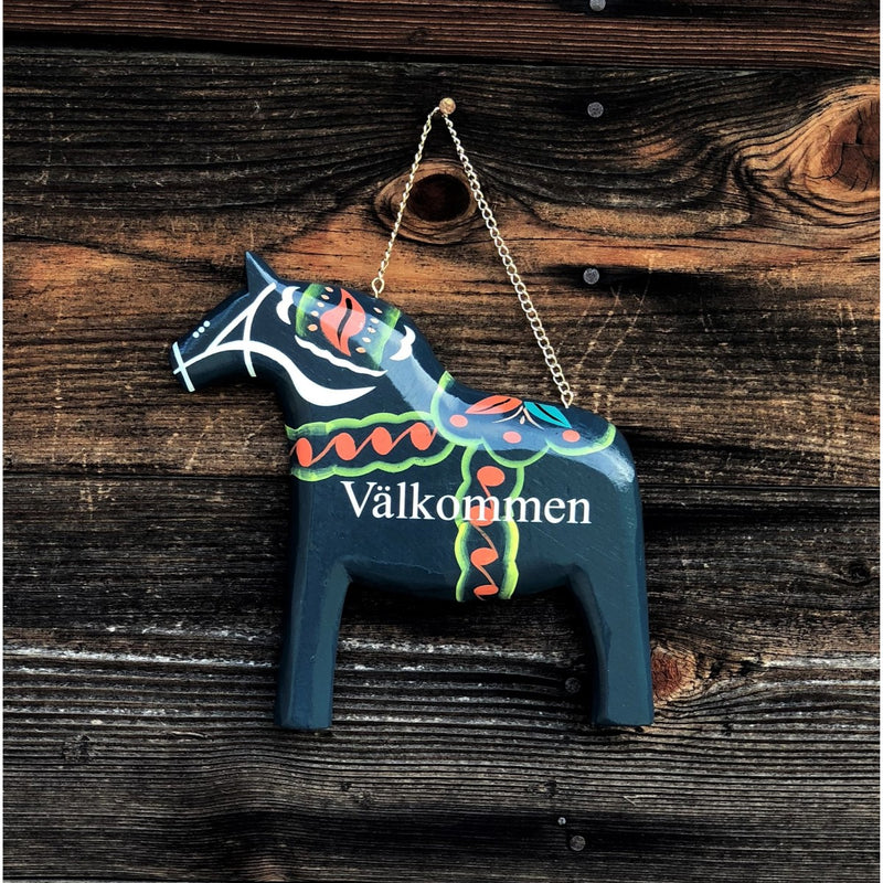 Blue Wooden Dalarna Horse Welcome Sign