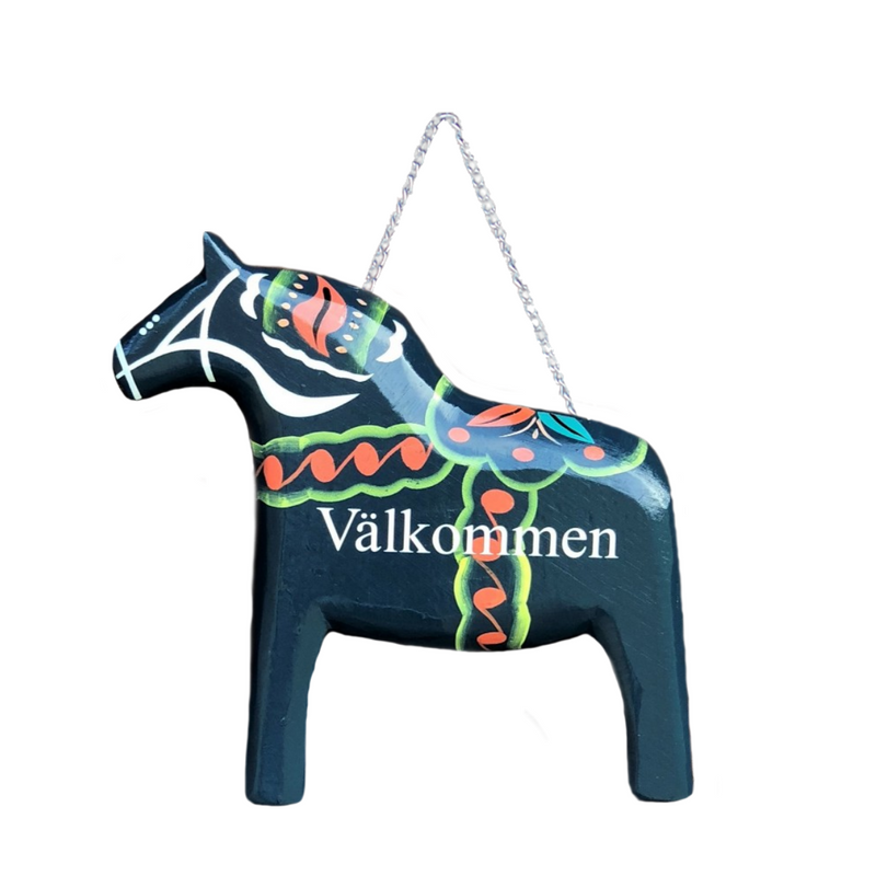 Blue Wooden Dalarna Horse Welcome Sign