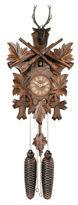 Eight Day Hunter's Cuckoo Clock with Hand-carved Maple Leaves, Rifles, and Buck-15"Tall - OktoberfestHaus.com
