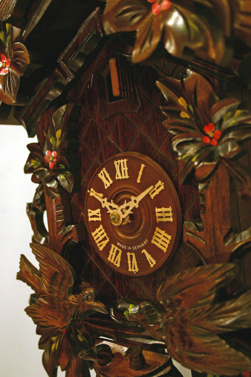 Eight Day Cuckoo Clock with Hand-painted Flowers, Leaves, and Animated Birds Feeding Baby Birds - 16 Inches Tall - OktoberfestHaus.com
 - 3