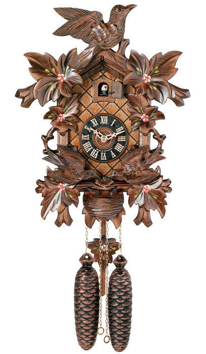 Eight Day Cuckoo Clock with Hand-painted Flowers, Leaves, and Animated Birds Feeding Baby Birds - 16 Inches Tall - OktoberfestHaus.com
 - 1