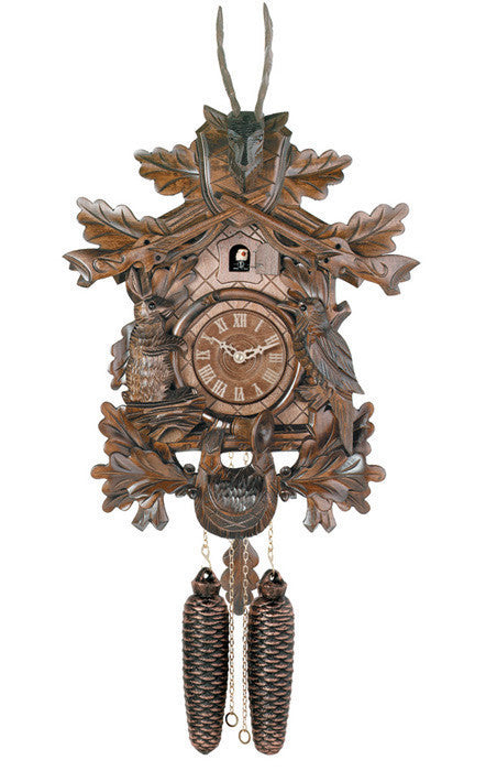 Eight Day Hunter's Cuckoo Clock with Hand-carved Oak Leaves, Animals, Rifles, and Buck-20"Tall - OktoberfestHaus.com
