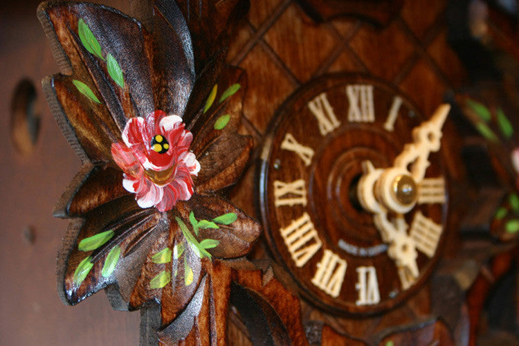 Five Leaves, One Bird and Painted Roses One Day Authentic German Cuckoo Clock. 9" Tall - OktoberfestHaus.com
 - 2