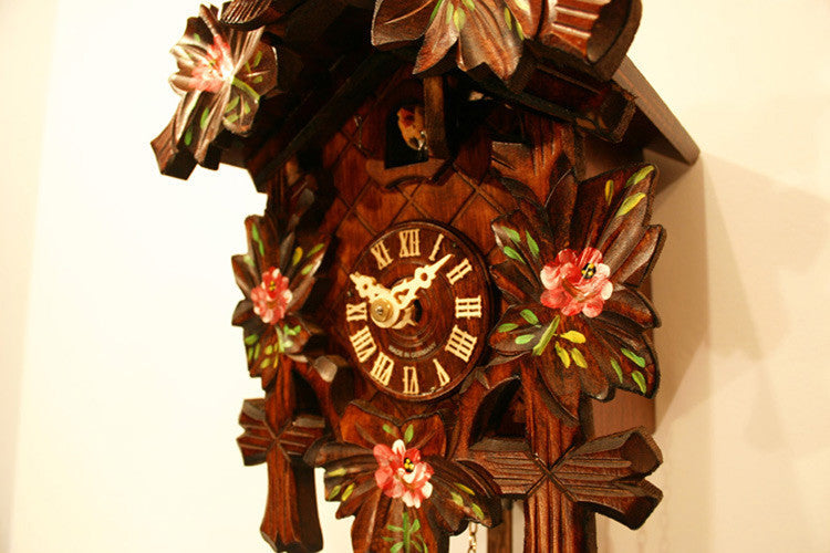Five Leaves, One Bird and Painted Roses One Day Authentic German Cuckoo Clock. 9" Tall - OktoberfestHaus.com
 - 3