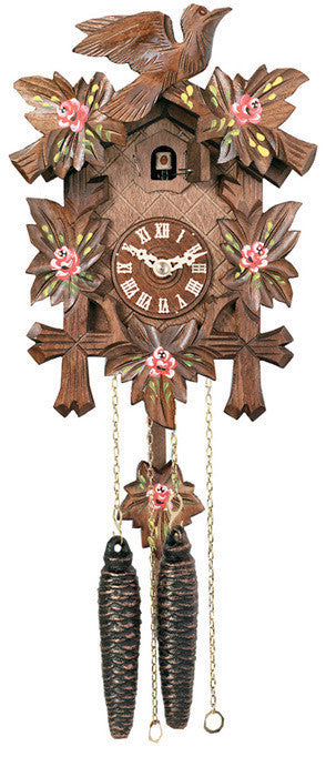 Five Leaves, One Bird and Painted Roses One Day Authentic German Cuckoo Clock. 9" Tall - OktoberfestHaus.com
 - 1