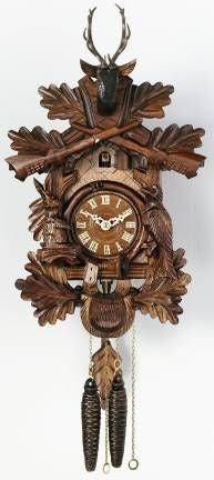 One Day Hunter's Cuckoo Clock with Hand-carved Oak Leaves, Animals, Crossed Rifles, and Buck-16"Tall - OktoberfestHaus.com
 - 2